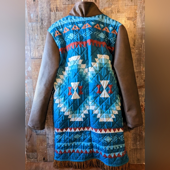 New Handcrafted By Donna Originals Aztec Blue Coat With Faux Suede Sleeves - Picture 9 of 15